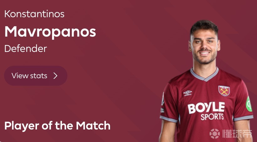 头球破门+10次解围，马夫罗帕诺斯当选西汉姆1-1曼城全场最佳